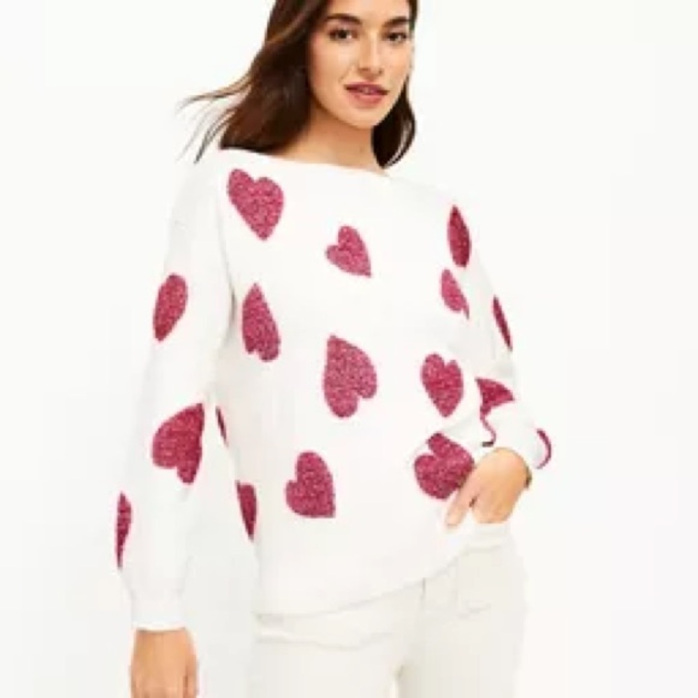 LOFT White Sweater with Pink Heart Design
